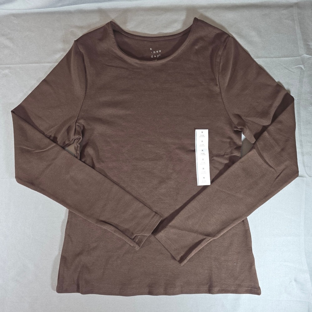 A New Day Womens Brown Long Sleeve Crew Neck T-Shirt Size M Cotton Blend OS40